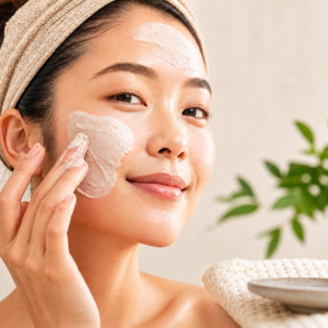 Woman applying Korean red bean clay mask to face for oily skin and large pores