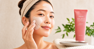 Woman applying Korean red bean clay mask to face for oily skin and large pores