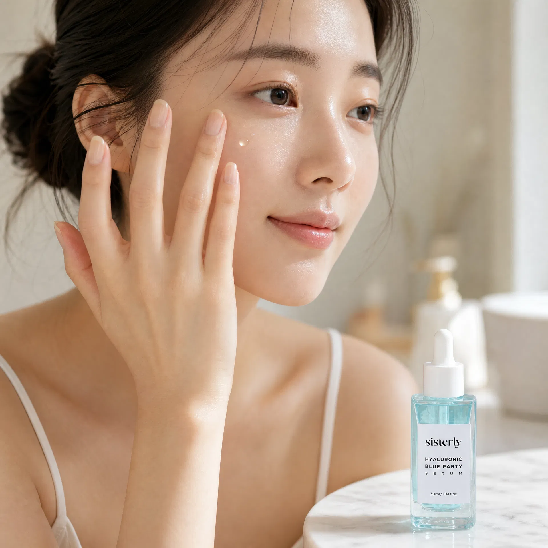 Applying Sisterly Hyaluronic Blue Party Serum for hydrated skin
